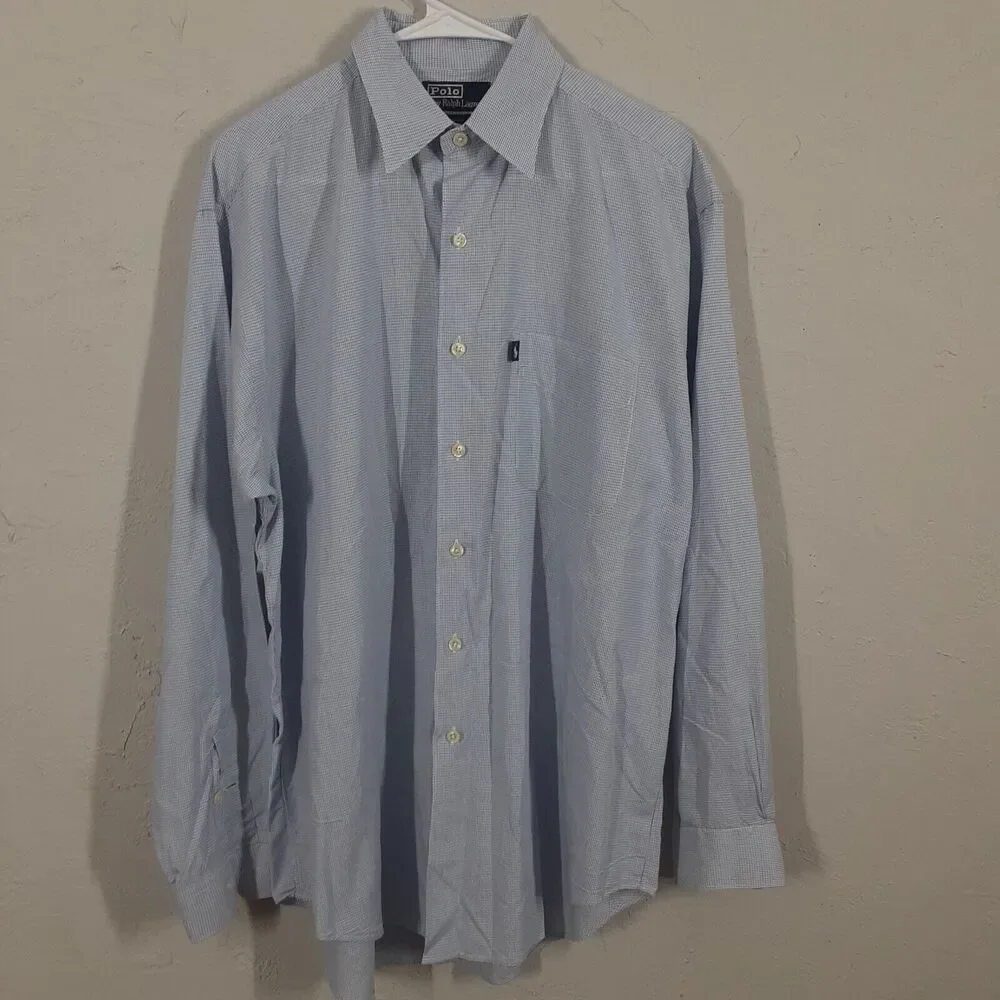 Polo Ralph Lauren Crane Mens M Blue White Check Long Sleeve Button Up Shirt